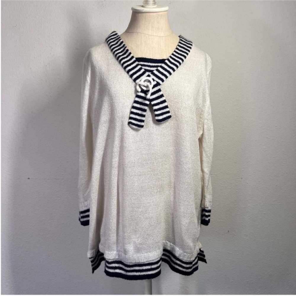 Striped V-Neck Sweater - Black and White